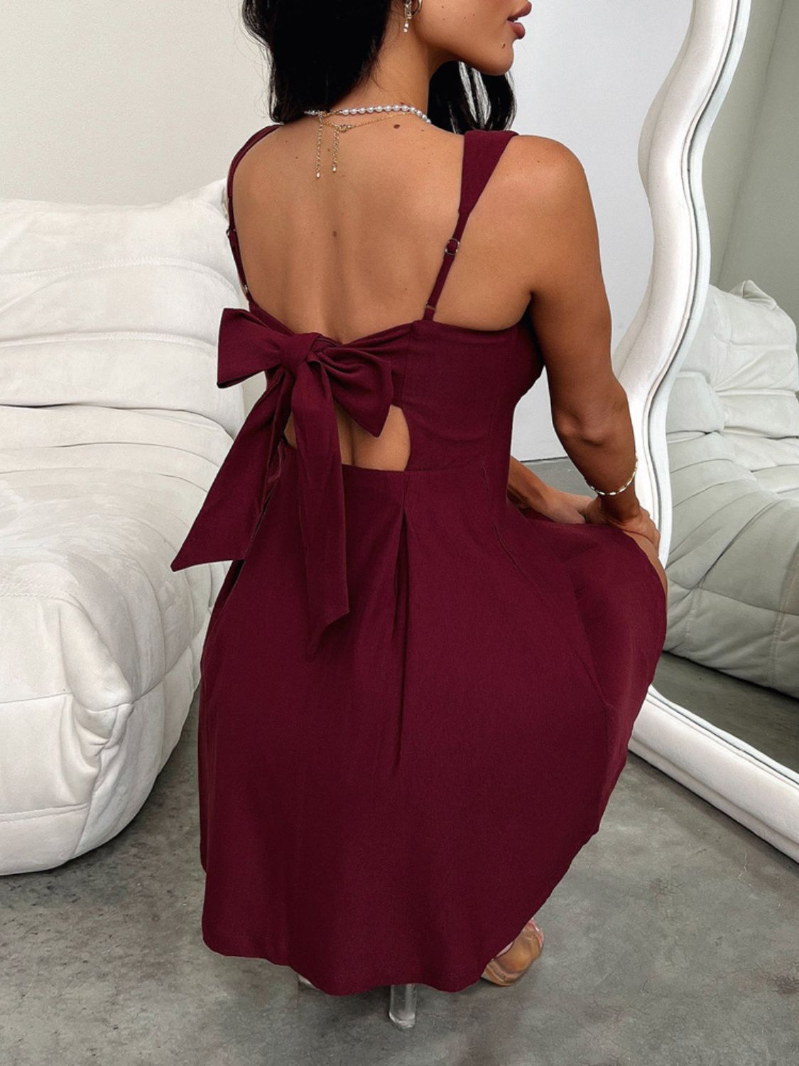 Devine Bow Back Square Neck Mini Dress Trendsi