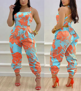 Open Back Cross Lace Up Bow Print Casual jumpsuit