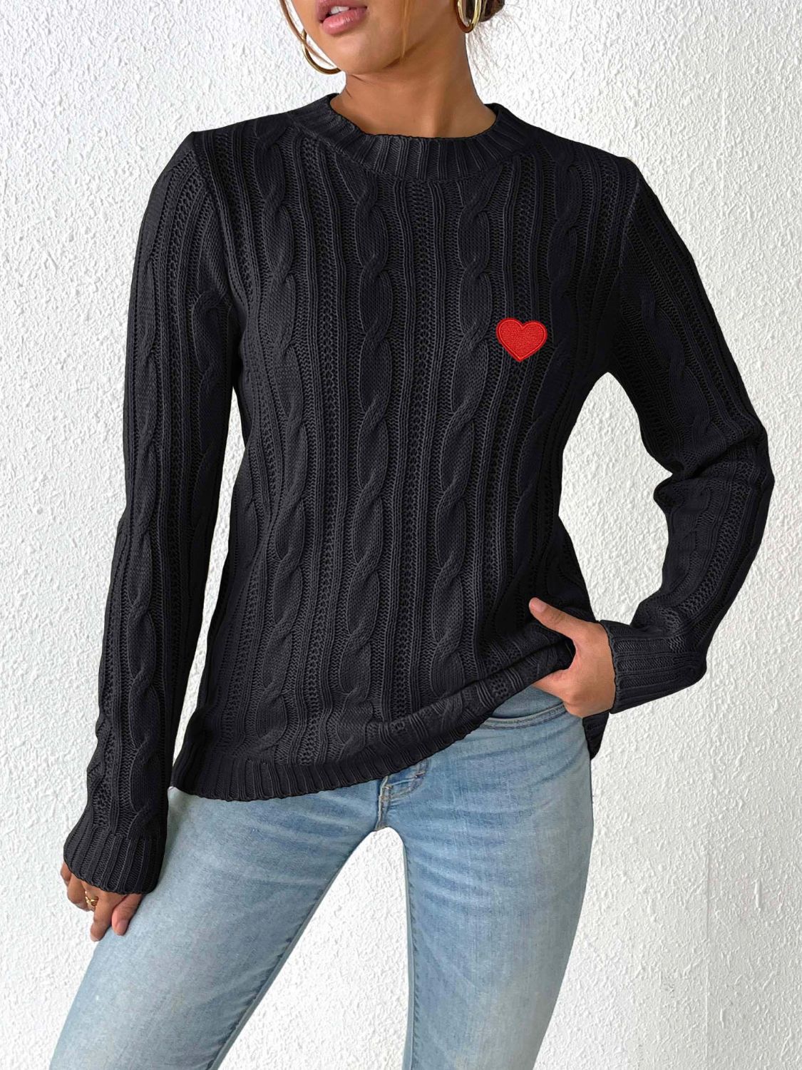 Cable-Knit Heart Round Neck Long Sleeve Sweater Trendsi