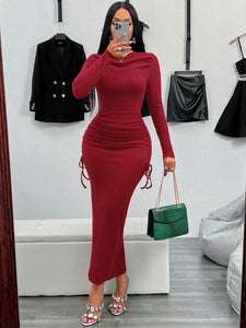 Drawstring Textured Long Sleeve Wrap Dress