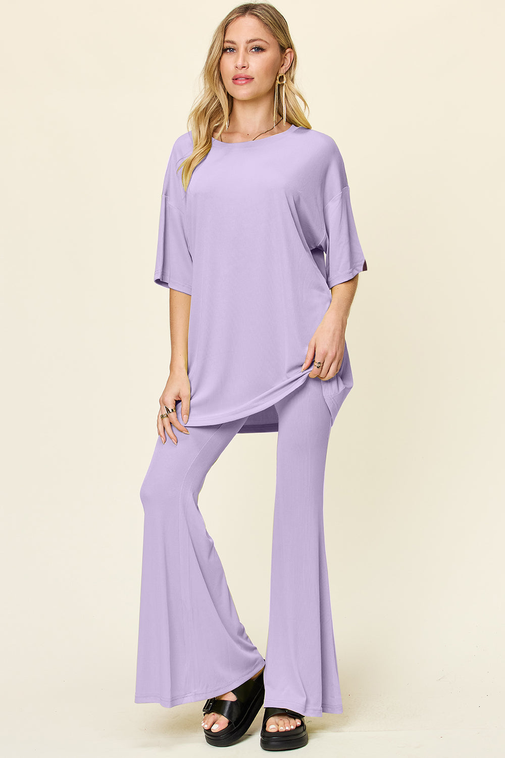 Double Take Full Size Round Neck Drop Shoulder T-Shirt and Flare Pants Set Trendsi