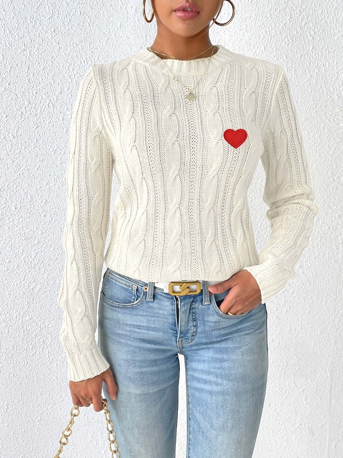 Cable-Knit Heart Round Neck Long Sleeve Sweater Trendsi