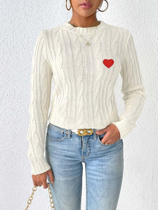 Cable-Knit Heart Round Neck Long Sleeve Sweater Trendsi