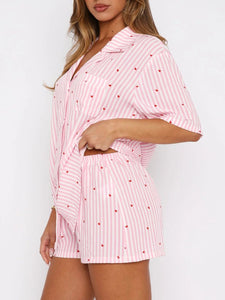 Valentine's Day Printed Collared Neck Short Sleeve Top and Shorts Set Trendsi