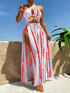 Printed Halter Neck Three-Piece Swim Set