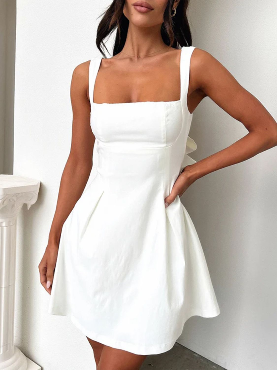 Devine Bow Back Square Neck Mini Dress Trendsi