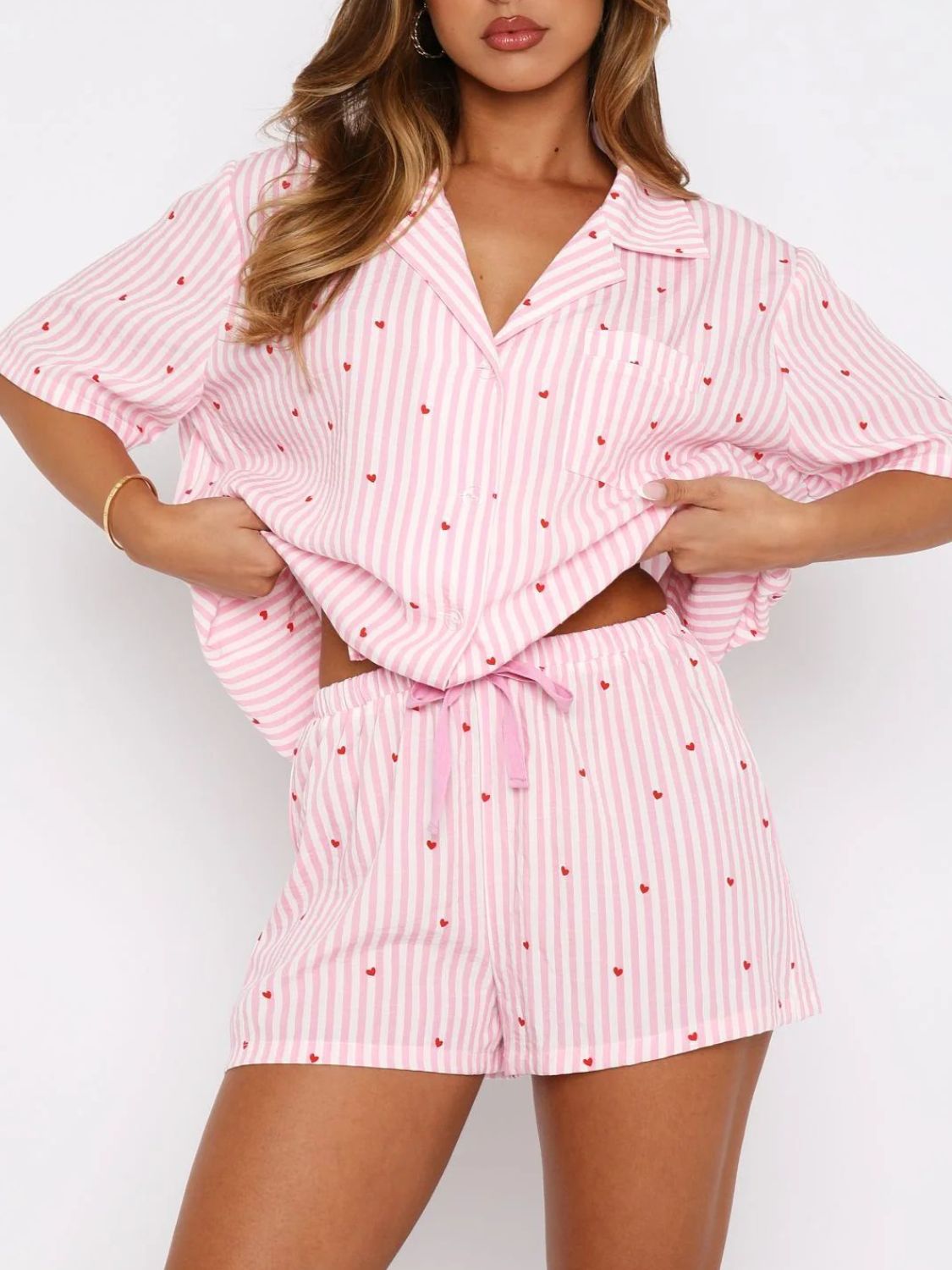 Valentine's Day Printed Collared Neck Short Sleeve Top and Shorts Set Trendsi