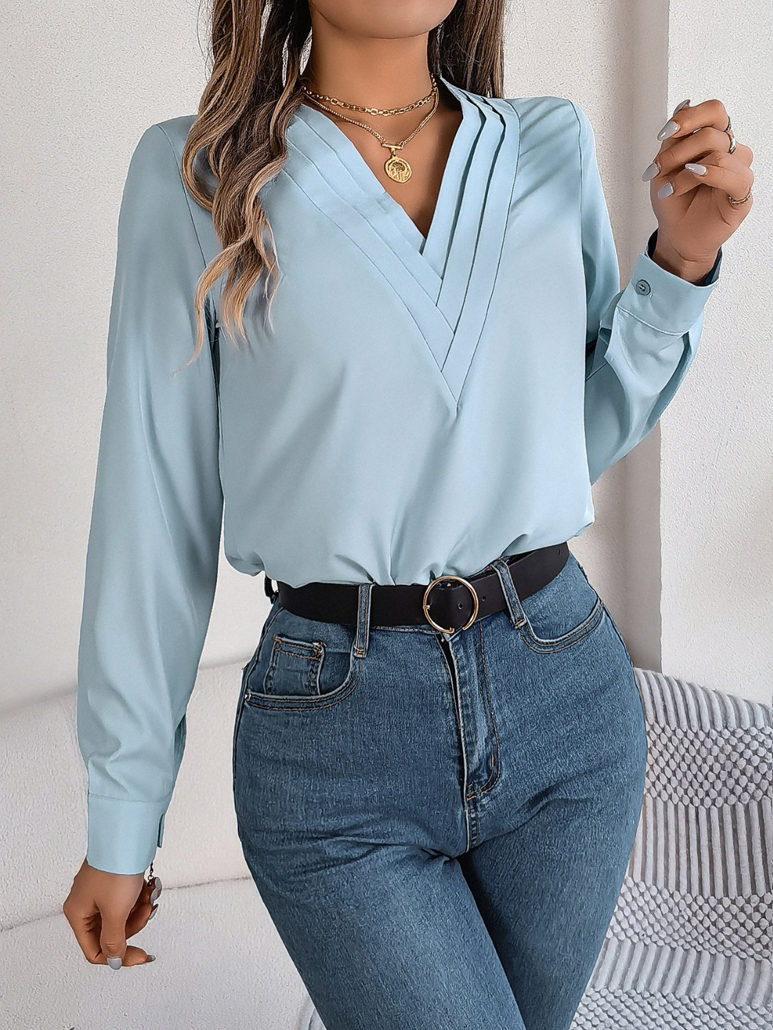 V-Neck Long Sleeve Blouse