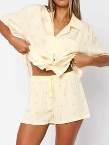 Valentine's Day Printed Collared Neck Short Sleeve Top and Shorts Set Trendsi