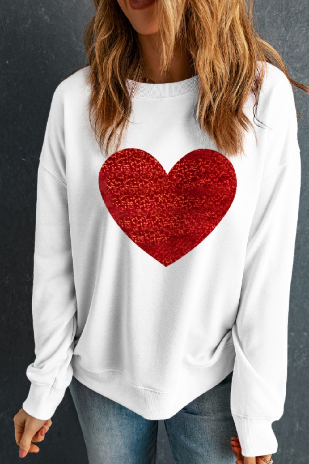 Valentine’s Day Heart Round Neck Long Sleeve Sweatshirt Trendsi