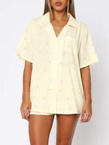 Valentine's Day Printed Collared Neck Short Sleeve Top and Shorts Set Trendsi