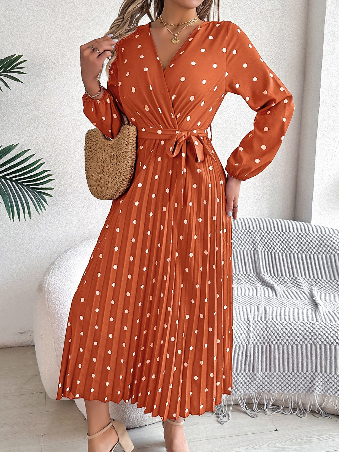 Tied Polka Dot Long Sleeve Midi Dress