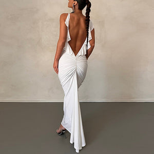 Open Back V-Neck Sexy Pleated Temperament Long Dress