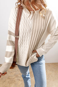 Cable-Knit Color Block Round Neck Sweater