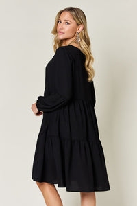 Double Take Full Size V-Neck Balloon Sleeve Tiered Dress