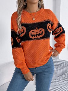 Pumpkin Round Neck Long Sleeve Sweater