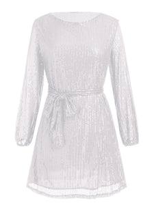 Sequin Tie Waist Long Sleeve Mini Dress Trendsi