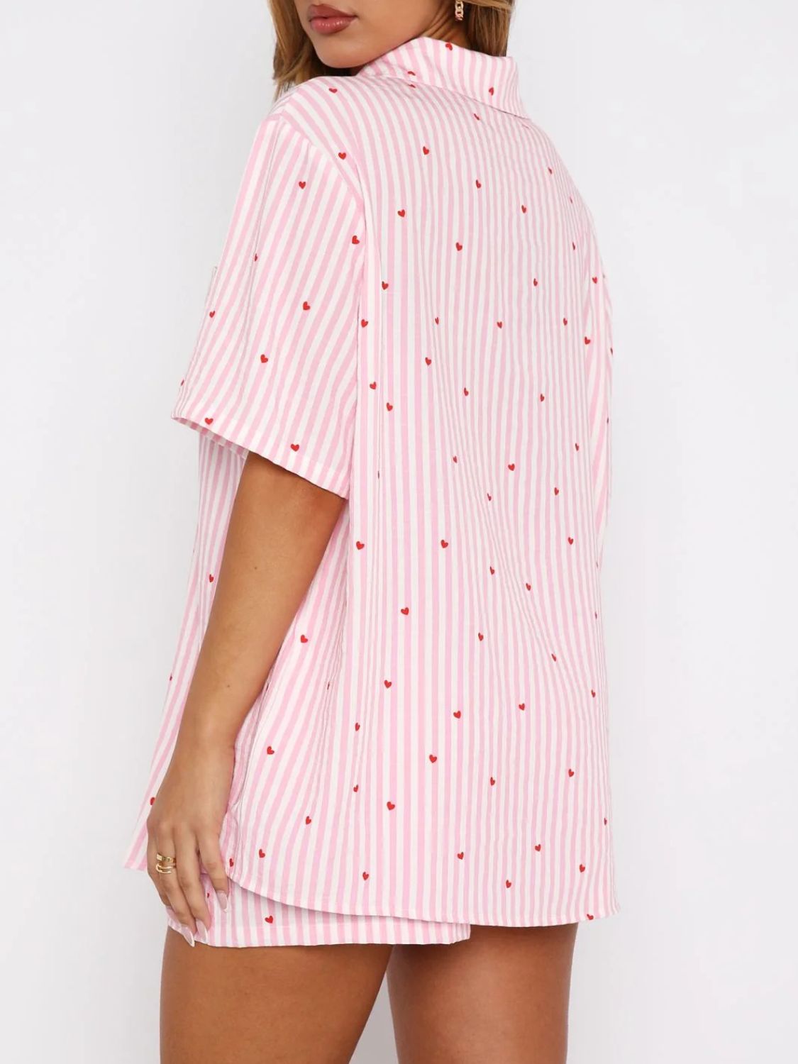 Valentine's Day Printed Collared Neck Short Sleeve Top and Shorts Set Trendsi