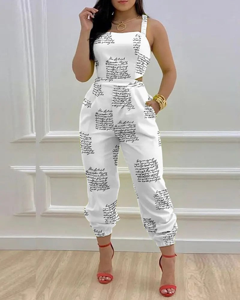 Open Back Cross Lace Up Bow Print Casual jumpsuit