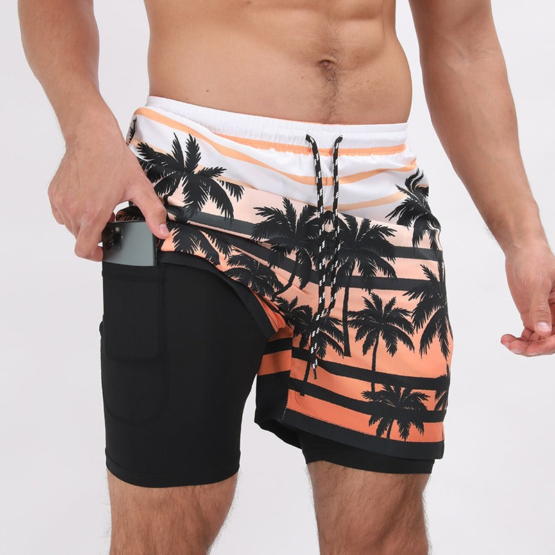 New Mens Casual Beach Shorts Printed Double Layer