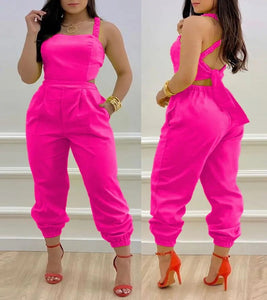 Open Back Cross Lace Up Bow Print Casual jumpsuit