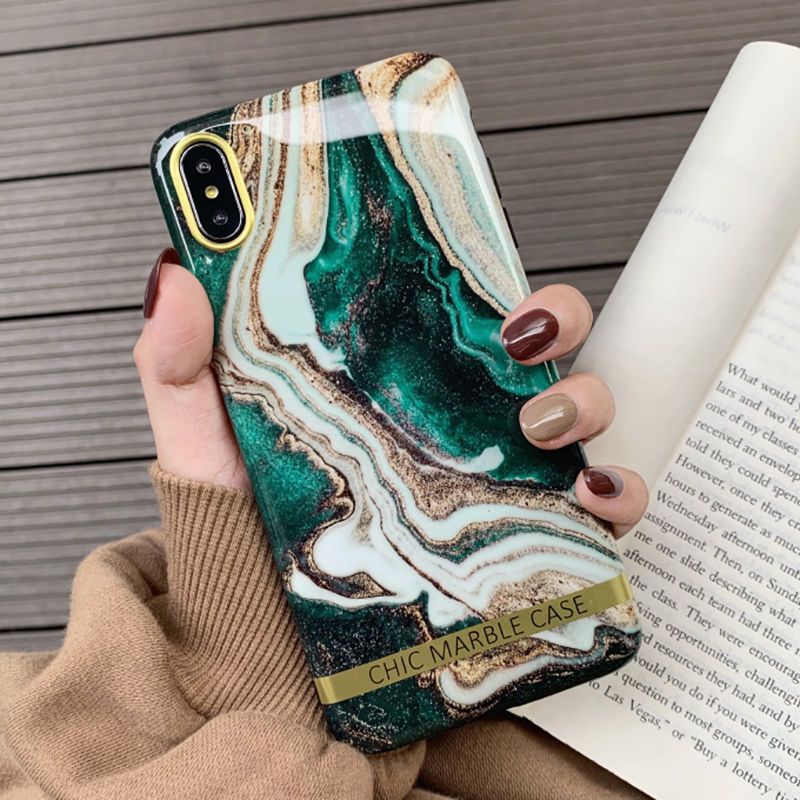 Artistic Agate Marble Gold Bar Phone Case For iphone XS XR XS Max 6 6S 7 8 Plus Glossy soft silicon Case