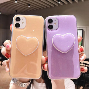 Candy Color Stand Holder Phone Case For iPhone 12 11 13 Pro Max XR XS Max X 6S 7 8 Plus 12 13 Pro Glitter Love Heart Back Cover