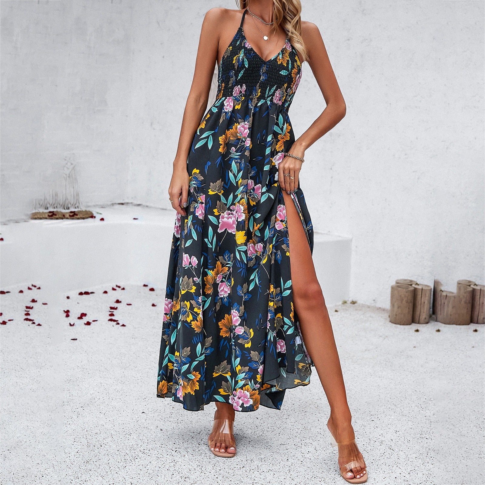 Spring print halter dress