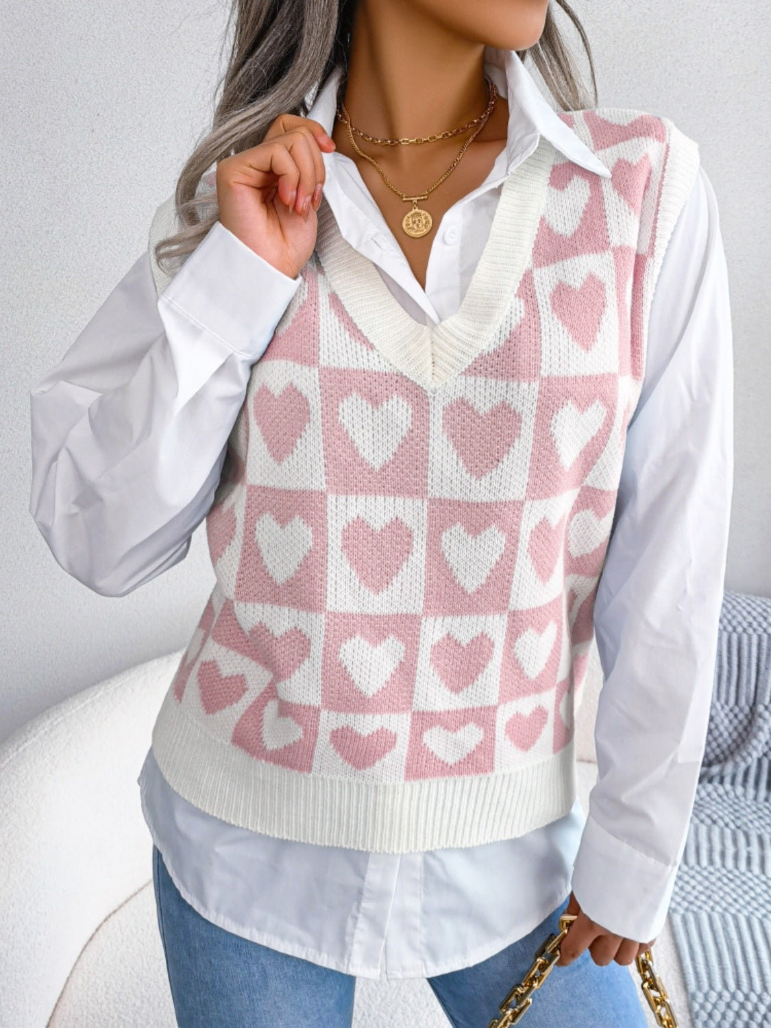 Heart V-Neck Sweater Vest Trendsi