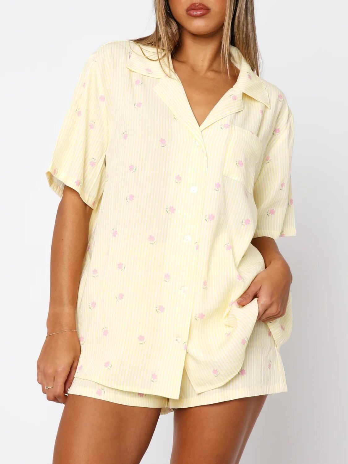 Valentine's Day Printed Collared Neck Short Sleeve Top and Shorts Set Trendsi