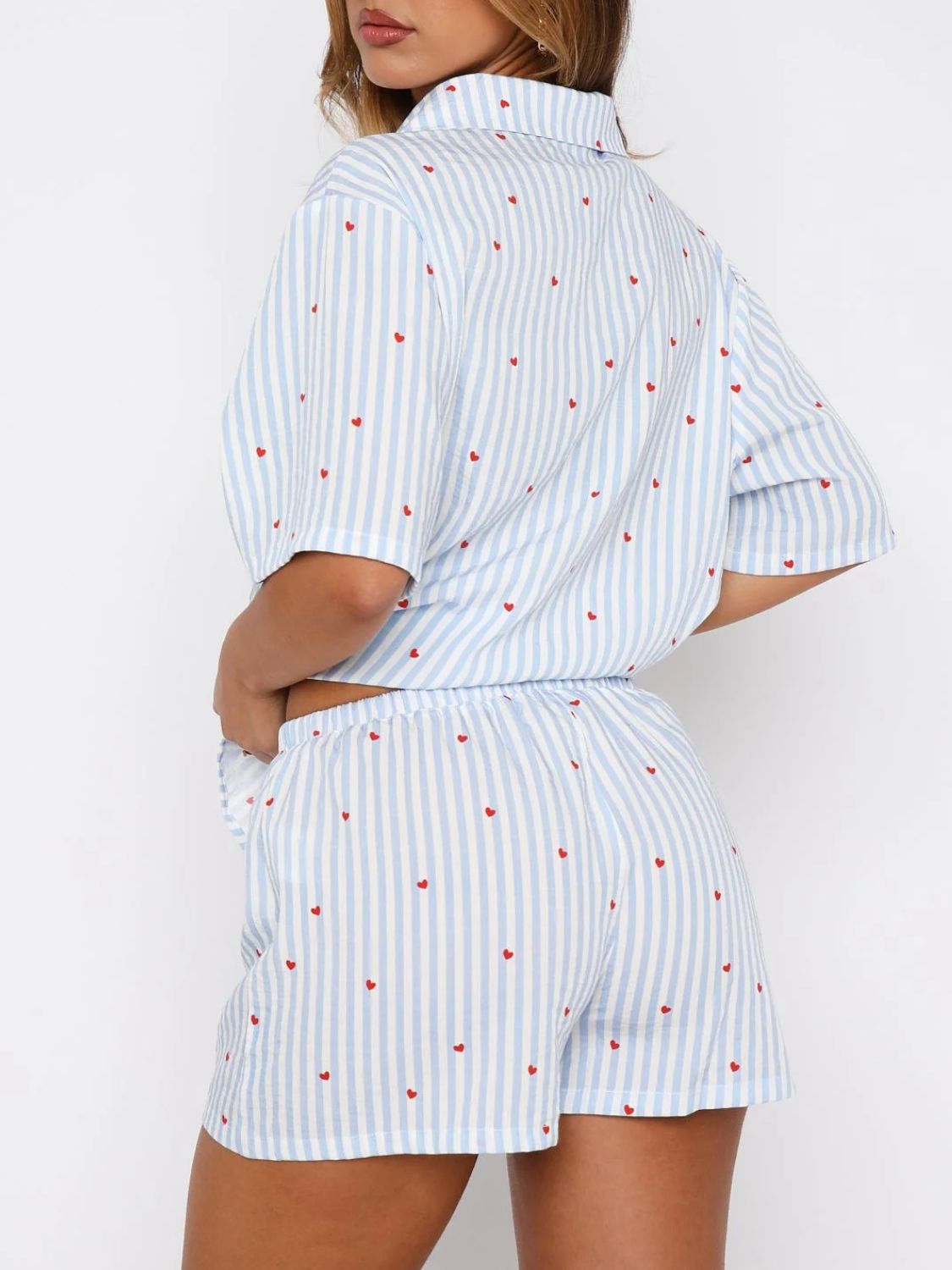 Valentine's Day Printed Collared Neck Short Sleeve Top and Shorts Set Trendsi