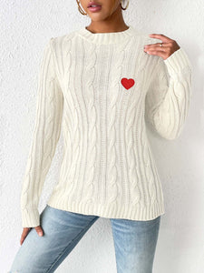Cable-Knit Heart Round Neck Long Sleeve Sweater Trendsi
