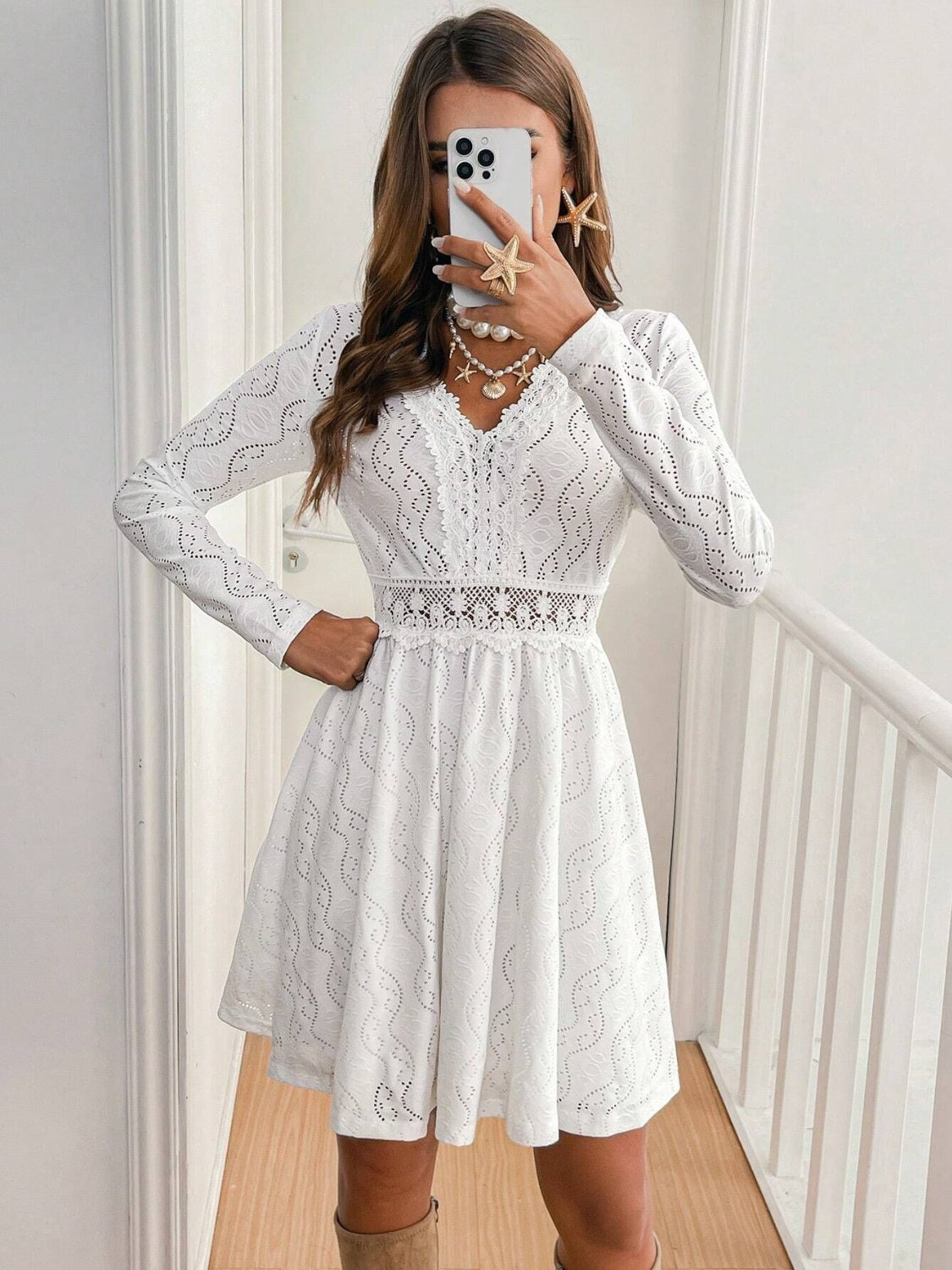 Lace Detail V Neck Long Sleeve Mini Dress Trendsi