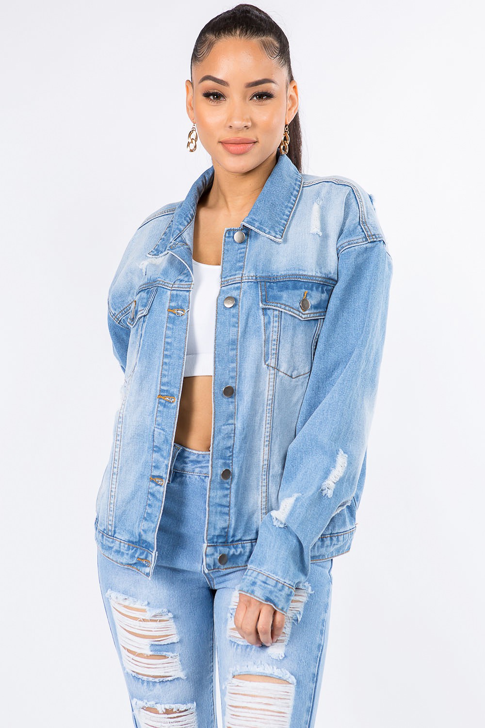 American Bazi Graphic Distressed Long Sleeve Denim Jacket