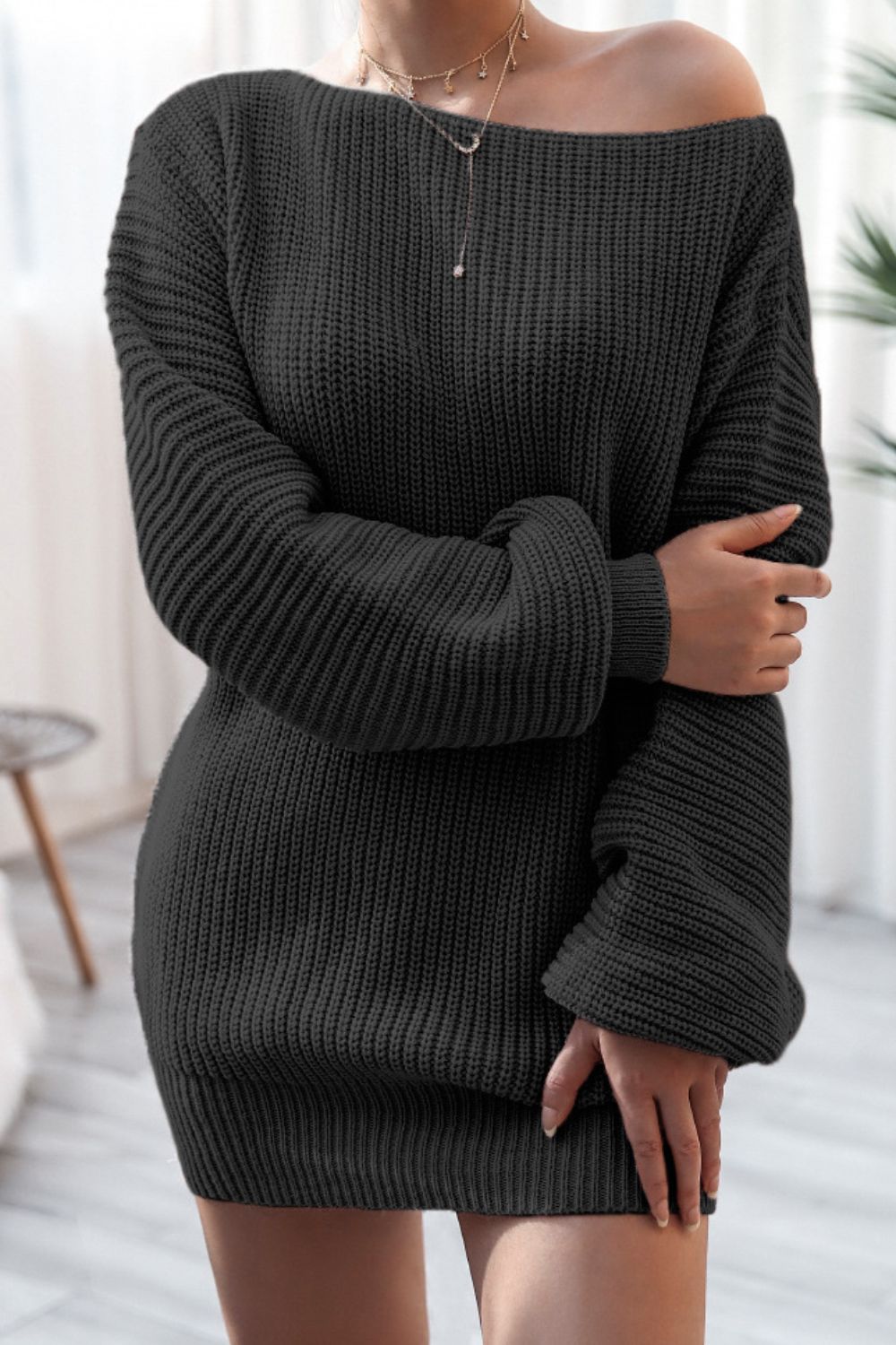 Boat Neck Long Sleeve Mini Sweater Dress Trendsi