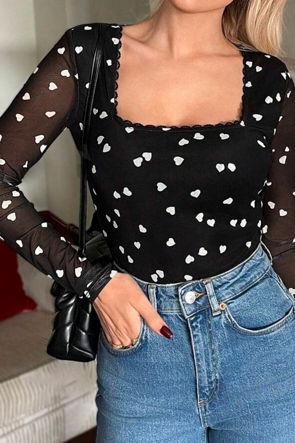Heart Square Neck Long Sleeve Bodysuit Trendsi