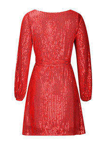 Sequin Tie Waist Long Sleeve Mini Dress Trendsi