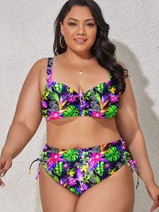 Plus Size Printed Drawstring Detail Bikini Set