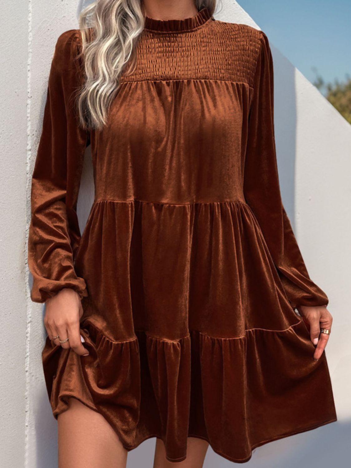 Perfee Tiered Ruched Mock Neck Long Sleeve Dress