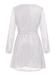 Sequin Tie Waist Long Sleeve Mini Dress Trendsi
