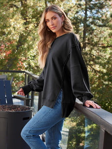 Slit Round Neck Long Sleeve Sweatshirt