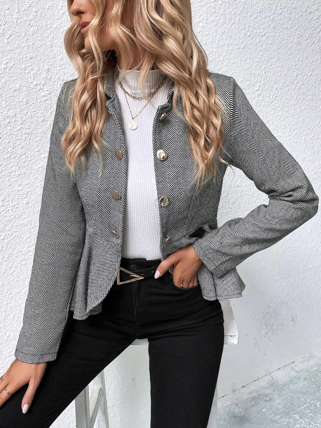 Ruffle Hem Collared Blazer