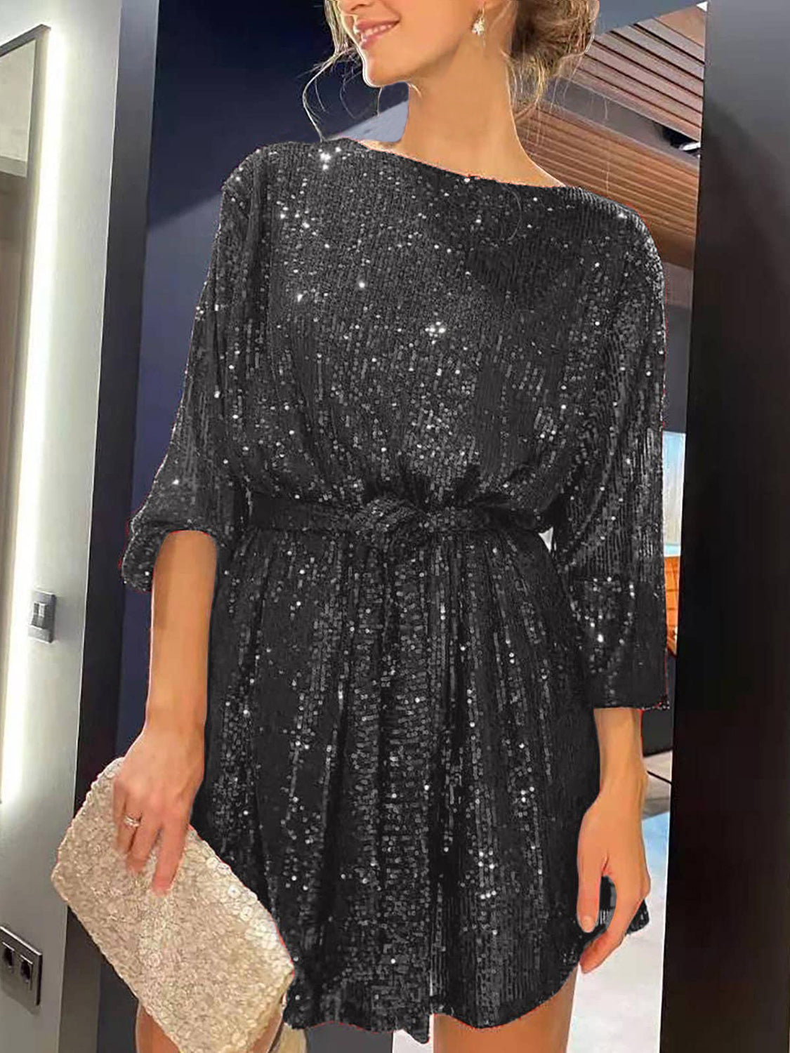 Sequin Tie Waist Long Sleeve Mini Dress Trendsi