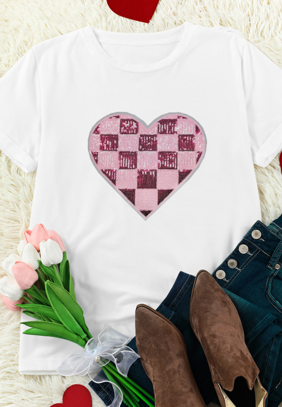 Sequin Checkered Heart Round Neck Short Sleeve T-Shirt Trendsi