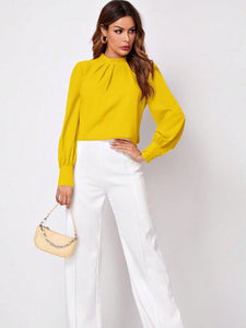 Ruched Mock Neck Long Sleeve Blouse