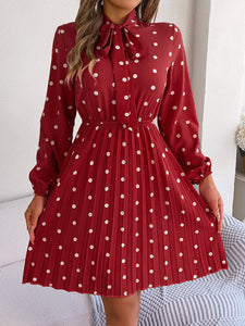 Polka Dot Tie Neck Pleated Dress