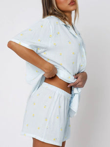 Valentine's Day Printed Collared Neck Short Sleeve Top and Shorts Set Trendsi