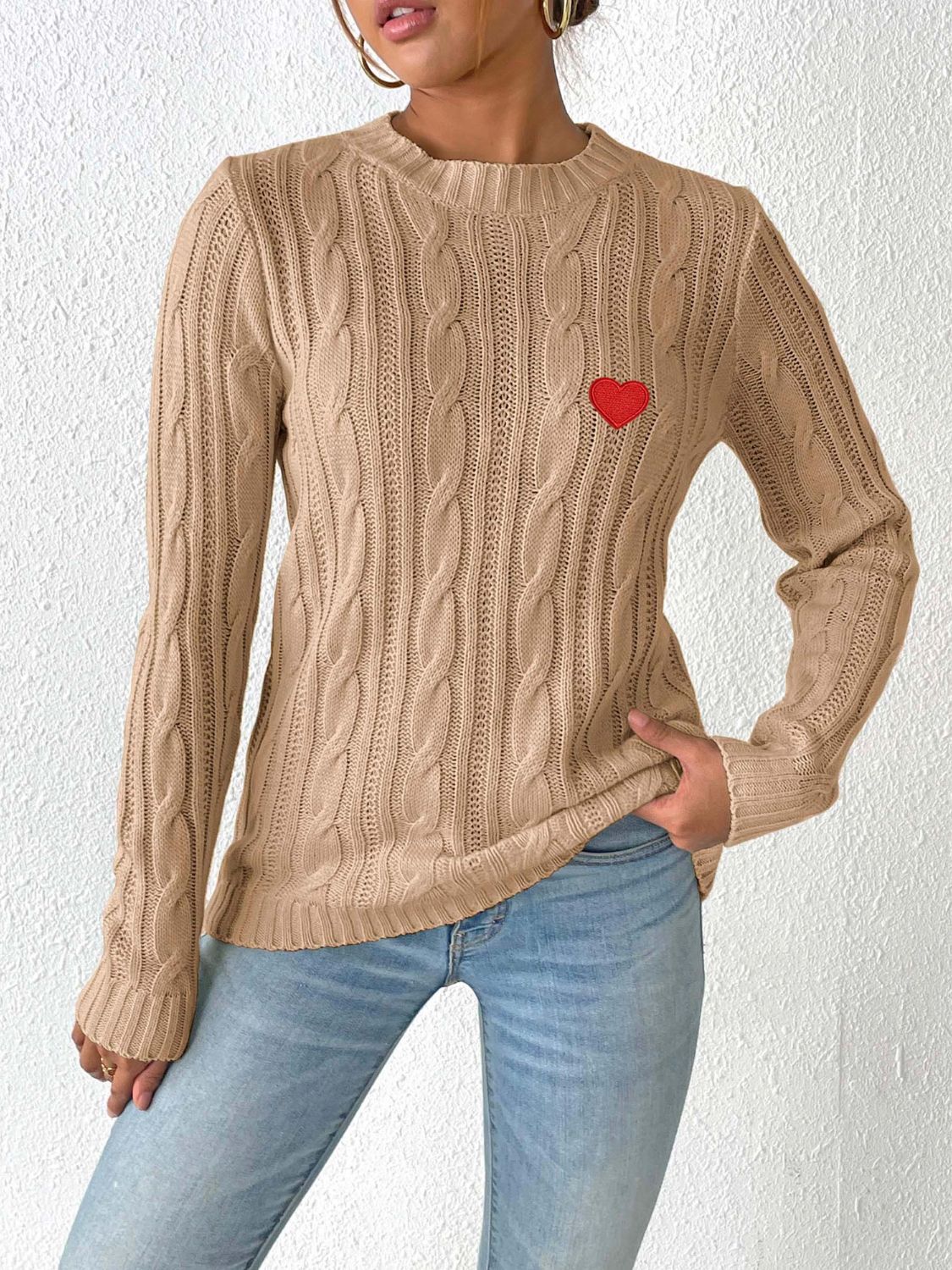 Cable-Knit Heart Round Neck Long Sleeve Sweater Trendsi