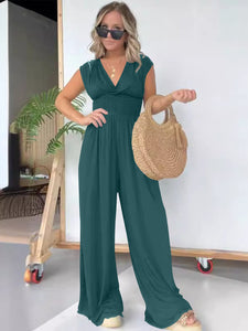 Smocked Cap Sleeve Wide Leg Jumpsuit