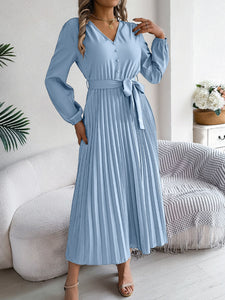 Pleated Tied V-Neck Long Sleeve Dress